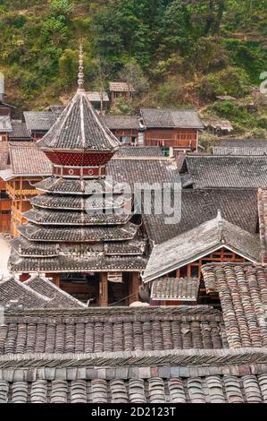 China, Zhaoxing - gorgeous Dong village is packed whit traditional wooden structures, several wind-and-rain bridges and remarkable drum towers, Guizho Stock Photo