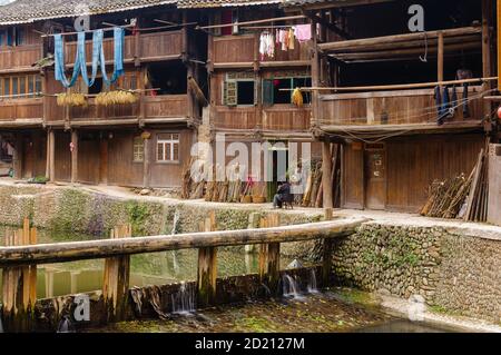 China, Zhaoxing - gorgeous Dong village is packed whit traditional wooden structures, several wind-and-rain bridges and remarkable drum towers, Guizho Stock Photo