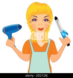 Girl master tools hair dryer and curling iron in hand Stock Vector