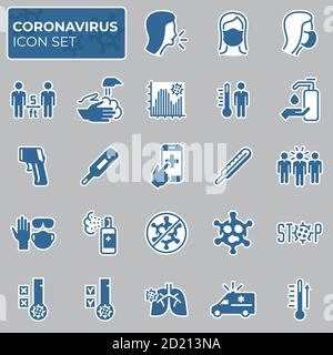 Filled coronavirus icons set. COVID-19 prevention and protection block linear sign collection. Second wave of coronavirus epidemics. Vector symbols Stock Vector