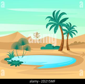 Oasis in desert. Landscape scene in flat design. Vector illustration with sand dunes, blue lake and palms. Stock Vector