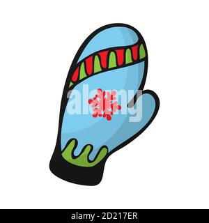 Colored icon of warm mittens, snowflake decor. Flat cartoon style isolated on white background. Stock Vector