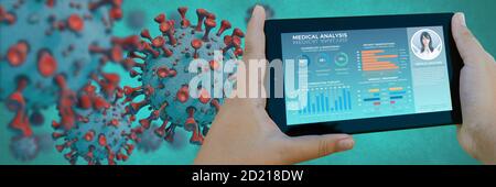 3D rendering of a tablet with medical information with a coronavirus background Stock Photo