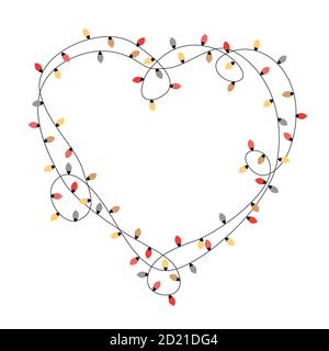 Heart shape frame from Xmas light bulbs. Simple but cute Christmas hand drawn background with place for text. Vector illustration Stock Vector