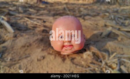 A vintage ceramic doll head, isolated on a farm background. Stock Photo