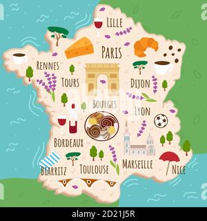 Cartoon map of France. Travel illustration with landmarks, buildings, food and plants. Funny tourist infographics. National symbols. Famous Stock Vector