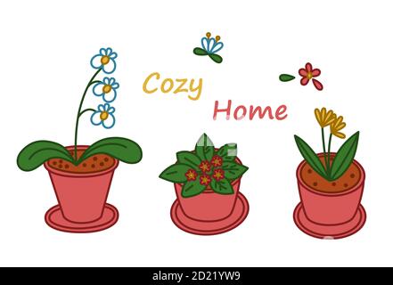 Flowers in the pot for a cozy home. Vector illustration in cute cartoon style Stock Vector