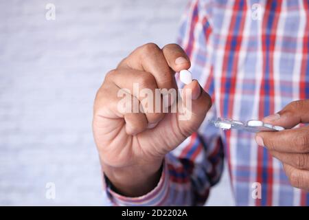 hand holding pills with copy space  Stock Photo