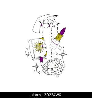 Boho spiritual hand drawn black ink line art. Woman hand with purple nails is holding grimoire book, lipstick and a brain with a cat figure on strings Stock Vector