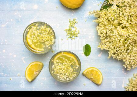 Top view of homemade elderflower lemonade with fresh ingredients for healthy and refreshing drink. Stock Photo