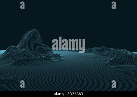Vector futuristic background. Abstract digital landscape with particles dots on horizon. Wireframe landscape. Big Data. Retro Sci-Fi Background Stock Vector