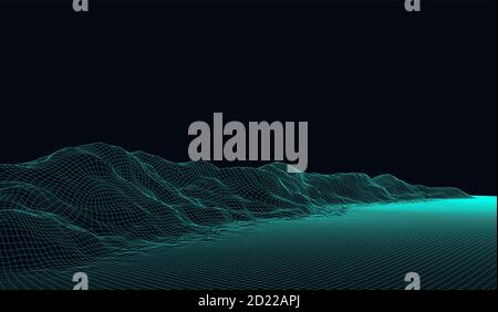 Vector futuristic background. Abstract digital landscape with particles dots on horizon. Wireframe landscape. Big Data. Retro Sci-Fi Background Stock Vector