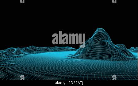 Vector futuristic background. Abstract digital landscape with particles dots on horizon. Wireframe landscape. Big Data. Retro Sci-Fi Background Stock Vector
