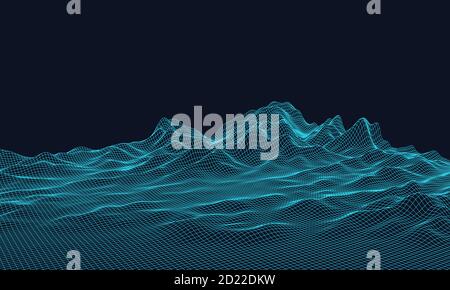Vector futuristic background. Abstract digital landscape with particles dots on horizon. Wireframe landscape. Big Data. 80s Retro Sci-Fi Background Stock Vector