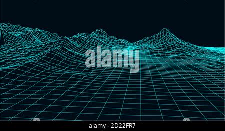 Vector futuristic background. Abstract digital landscape with particles dots on horizon. Wireframe landscape. Big Data. 80s Retro Sci-Fi Background Stock Vector