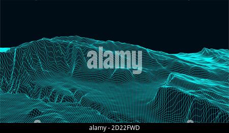 Vector futuristic background. Abstract digital landscape with particles dots on horizon. Wireframe landscape. Big Data. 80s Retro Sci-Fi Background Stock Vector