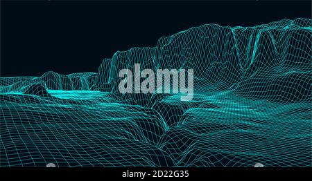 Vector futuristic background. Abstract digital landscape with particles dots on horizon. Wireframe landscape. Big Data. 80s Retro Sci-Fi Background Stock Vector
