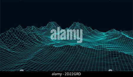 Vector futuristic background. Abstract digital landscape with particles dots on horizon. Wireframe landscape. Big Data. 80s Retro Sci-Fi Background Stock Vector