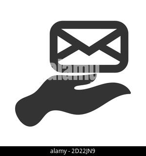 Email letter in hand icon, black color, white background. Contact us concept Stock Vector