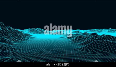 Vector futuristic background. Abstract digital landscape with particles dots on horizon. Wireframe landscape. Big Data. 80s Retro Sci-Fi Background Stock Vector
