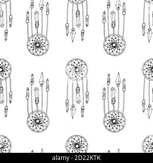 Monochrome seamless pattern with hand drawn dreamcatchers on white background. Vector Stock Vector