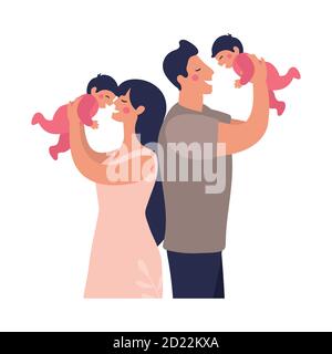 Young parents play with twins. Happy dad and mom hold children in their arms. Flat vector illustration in cartoon style. Stock Vector