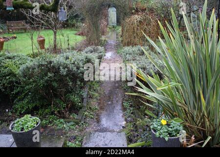 Landscape of flooding in English country garden allotment, flood pools from heavy rainfall stormy weather water on gravel path and lawn plant pots Stock Photo