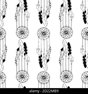 Monochrome seamless pattern with hand drawn dreamcatchers on white background. Vector Stock Vector