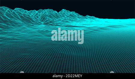 Vector futuristic background. Abstract digital landscape with particles dots on horizon. Wireframe landscape. Big Data. 80s Retro Sci-Fi Background Stock Vector