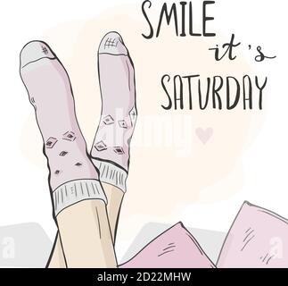 Woman's legs in cozy socks and hand lettering Smile It's Saturday. Stock Vector
