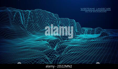 Abstract digital landscape with stars on horizon. Wireframe landscape background. Big Data. 80s Retro Sci-Fi Background Stock Vector