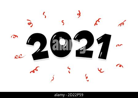 2021 cartoon hand drawn comic text lettering number with confetti. Happy New Year and Merry Christmas holiday greeting card design. Xmas vector eps illustration on white background Stock Vector