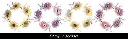 Peacock feathers violet and golden wreaths set. Isolated on white background. Vector Stock Vector