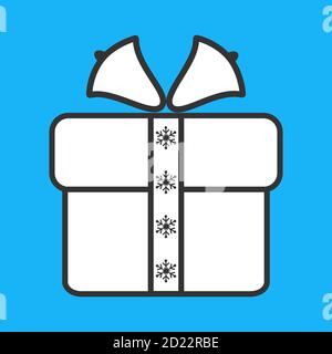 Gift box icon with bells and snow flakes, black line web flat illustration. Christmas, winter holiday theme. Stock Vector