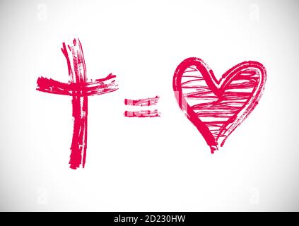 God Is Love greeting card. Cross equals heart shape creative logo. Religious christian logotype concept. Stroke symbol in brush and chalk monochrome. Stock Vector