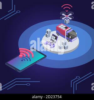 Delivery drone remote control isometric color vector illustration. UAV delivering parcel. Courier service smart technologies. Shipment monitoring Stock Vector