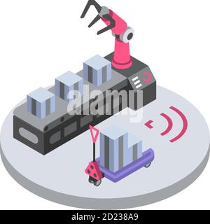 Mechanical robot arm isometric color vector illustration. Conveyor line, manufacture process. Factory smart technologies, warehouse loader remote Stock Vector
