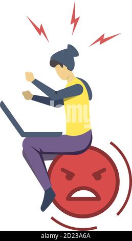 Angry guy with laptop semi flat RGB color vector illustration. Negative emoticon. Irritated, annoyed person. Consumer feedback. Quality evaluation Stock Vector