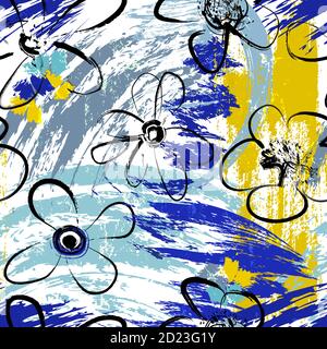 floral seamless background pattern, with paint strokes and splashes, hand drawn Stock Vector