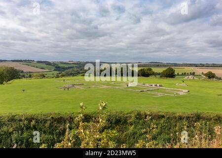 Foundations of the original cathedral at Old Sarum.  It is is the site of the earliest settlement of Salisbury in England. Stock Photo