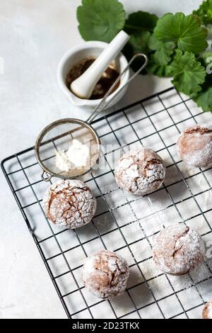 Cracked chocolate chip cookies in icing sugar. Chocolate christmas cookies on a white wooden table. Stock Photo