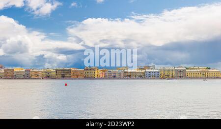 Panorama of Saint Petersburg Leningrad city with row of old colorful buildings on embankment riverfront of Neva river in historical city centre, Russia, Panoramic view of Saint Petersburg cityscape