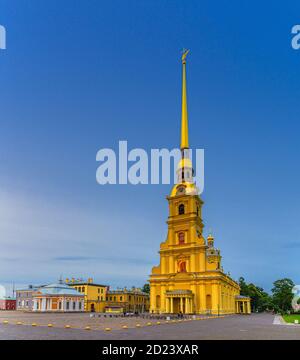 Saints Peter and Paul Cathedral Orthodox church with golden spire in Peter and Paul Fortress citadel on Zayachy Hare Island, evening dusk twilight view, Saint Petersburg Leningrad city, Russia Stock Photo