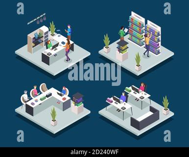 Modern book library isometric color vector illustrations set. People in bookstore. Student in university computer class. School pupils reading. Public Stock Vector