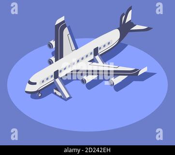 Commercial airplane isometric color vector illustration. Civil aviation, modern aircraft 3d concept isolated on blue background. Airline company Stock Vector