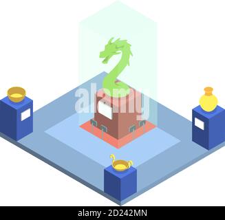 Historical museum exposition isometric vector illustration. Cultural heritage exhibition, showroom with ancient artifacts 3d interior layout isolated Stock Vector