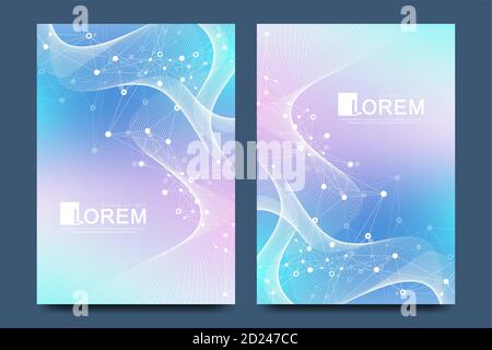 Modern vector template for brochure, leaflet, flyer, cover, catalog in A4 size. DNA helix, DNA strand, molecule or atom, neurons. Abstract structure Stock Vector