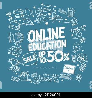 online education discount doodle icons pattern background. hand drawn cartoon education sign and stationery supply item and icon symbols Stock Vector