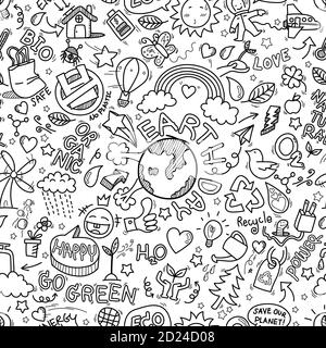 Earth day doodles seamless pattern background. hand drawn of Earth day, Ecology , go green, clean power doodle set isolated on white background Stock Vector
