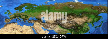 Map of Europe and Asia. Detailed flat satellite view of the Earth and its landforms, in summer. 3D illustration. Elements of this image furnished by N Stock Photo